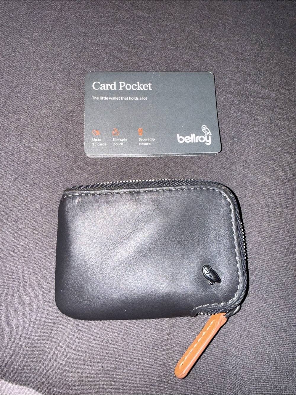 Bellroy Black Card Pocket Wallet with Tan Zip Pull BRAND NEW